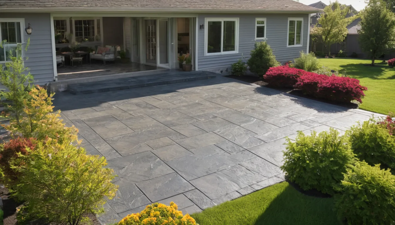 Newly finished stamped concrete patio with a slate pattern behind an older frame house in the Scandia area